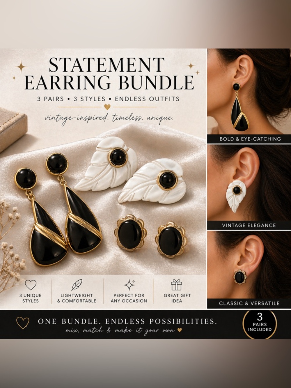Statement Earring Bundle - Black & White with Gold Trim